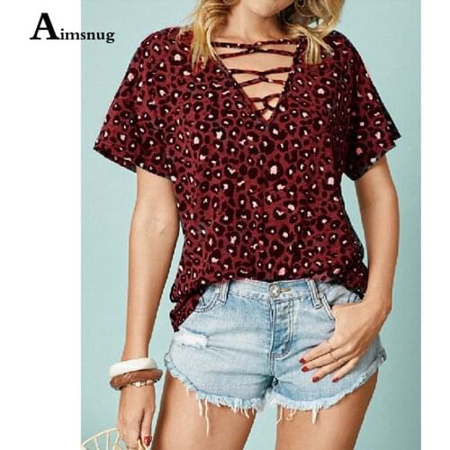Plus Size Ladies Elegant Leisure Casual Leopard Print T-shirt Lace up V-neck Womens Top Latest 2021 Summer Tees shirt Clothing