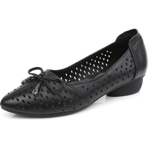 Top Cowhide Breathable Shoes Woman Sandals Comfort Elegant Low Heel Shoe 2020 New Pointed Bow Real Leather Shoes Fashion Shoes