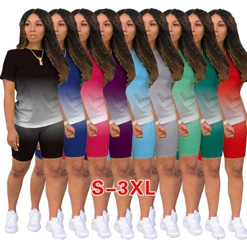 Casual Gradient 2 Pieces Shorts Sets Women Short Sleeve O Neck Top and Biker Shorts Plus Size Tracksuit Summer Outfit 2021 S-3XL