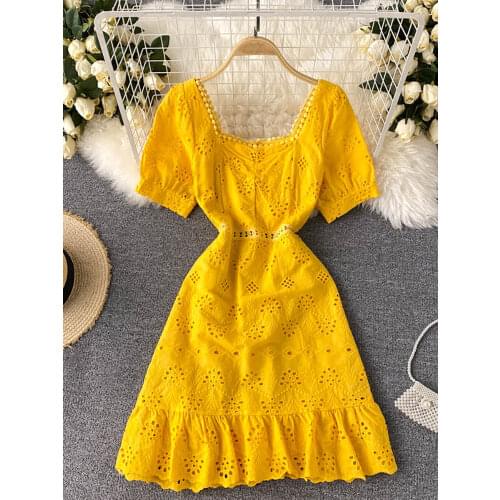 Yellow/Pink/Blue Hollow Out Mini Dress Women Summer Square Collar Short Puff Sleeve Vintage Vestidos Ladies Ruffle Robe 2021 New
