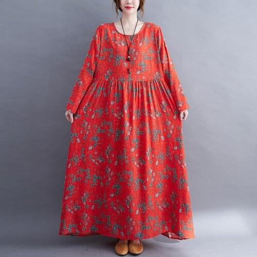 2021 New Arrival Long Sleeve Plus Size Loose Long Maxi Autumn Dress Print Floral Vintage Women Spring Dress Casual Dress