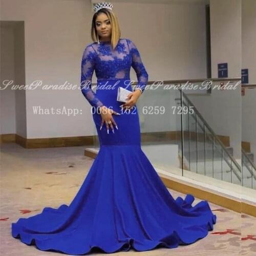 2021 Royal Blue Sheer Lace Evening Dresses With Long Sleeve Appliques Mermaid Long Train Prom Dress Party Vestidos De Fiesta