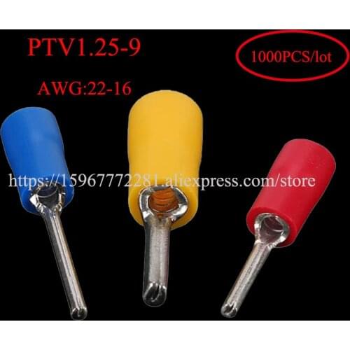 1000PCS Insulated pin terminal PTV1.25-9 AWG22-16 Copper wire connectors automotive cable male female connector plug