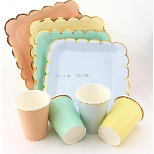 9inch Square Paper Plates 250ml Paper Cups with Gold Scallop Edge Trim For Sweet Party First Birthday Baby Shower Dinner Decor