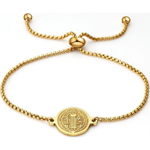 Gold Stainless Steel St Benedict Medal Coin Bracelet Metal San Benito Bracelet Adjustable Box Chain Bohemia Bracelet
