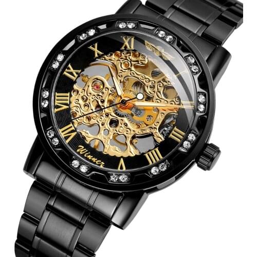 Winner Luxury Diamond Design Black Skeleton Clock Silver Stainless Steel Mens Mechanical Watches Top Brand Relogio Masculino