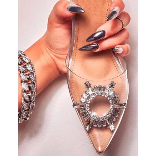 CJDLY 2020 PVC Transparent Pumps Perspex Heel Square High Heels Pointed Toe Crystal Sun Flower Women Wedding Pumps