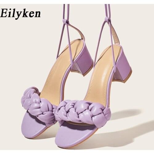 Eilyken Summer New High Quality Weave Lace-Up Women Sandals Fashion Thick Med Heels Gladiator Ankle Strap Open Toe Ladies Shoes