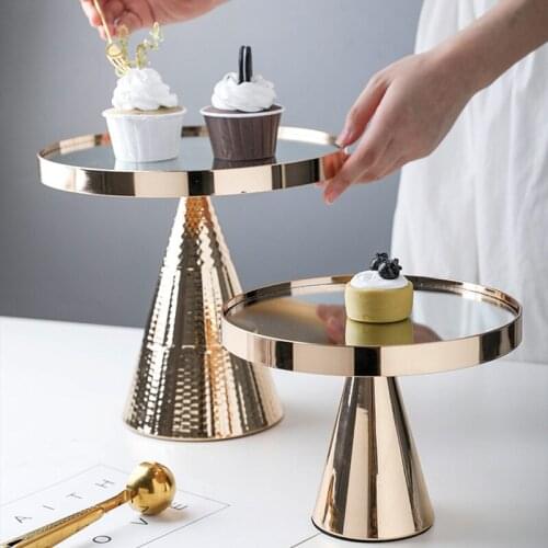 European Art Glass Mirror Tray Cake Stand with Golden Base Wedding Party Tea Cup Dessert Cake Stand Luxury Jewelry Display Stand