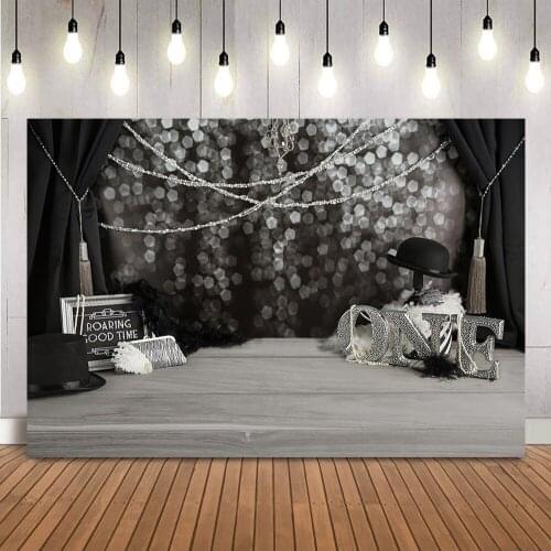 Roaring Good Time 1st Birthday Backdrop Newborn Children Portrait Photo Background Bokeh Glitter Black Curtrain Little Man