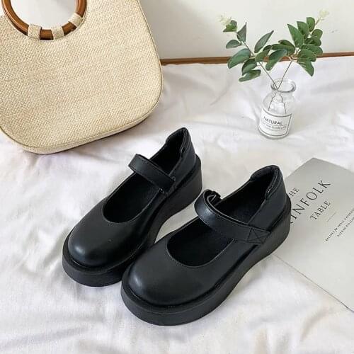 Harajuku Gothic Lolita Mary Jane Shoes Platform Patent Leather Chunky Wedges Loafers Women Fashion Round Toe Black Flats 2021