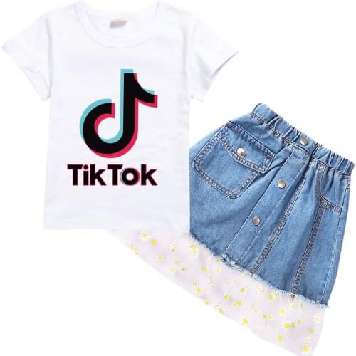 TIK TOK princess T Shirt Kids Cotton Tracksuit Girls Casual Clothes Toddler Girls Short Sleeve Tshirt+denim Shorts 2pcs Set