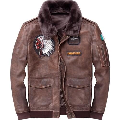 2021 Winter New Mens Sheepskin Genuine LeatherJacket Fur Collar Retro Distressed Flight Suit Casual jacket Coat