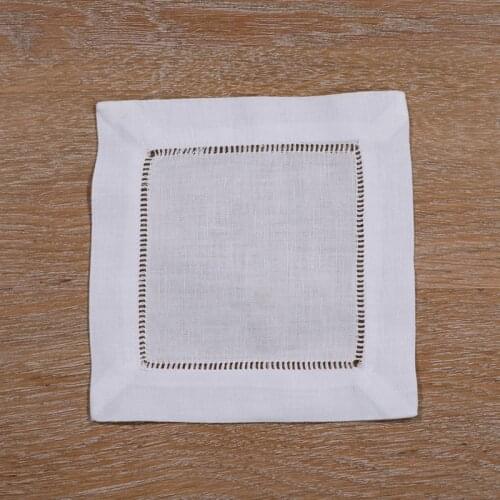 N002-6/4 : 12 Pieces White Linen Cotton Hemstitched Cocktail Napkins 6" X 6"/ 4" X 4" Ladder Hem Stitch Cloth Coasters