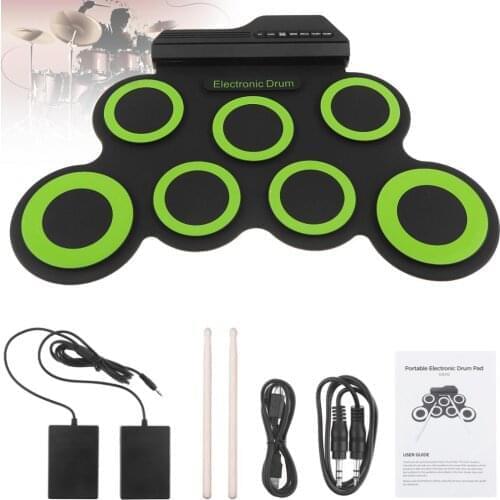 Portable Electronic Digital USB 7 Pads Roll up Set Green Silicone Electric Drum Kit with Drumsticks and Sustain Pedal