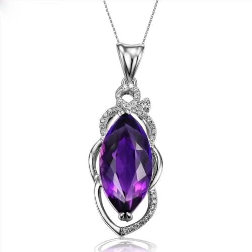 Silver Plated Marquise Shape Section Purple Amethysts Crystal Pendant Link Chain Necklace with Cubic Zirconia Jewelry