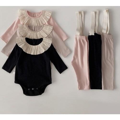 Newborn Girl Casual Clothes Fashion Autumn Fall Infant Ruffles Collar Clothing Suits Childrens T-Shirt Strap Pants With Hats