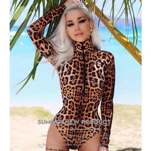 New European and American sexy underwear leopard print one-piece long-sleeve swimsuit