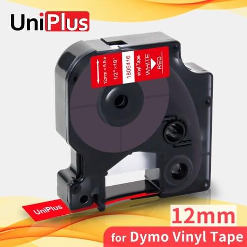 UniPlus 1/2" 12mm Vinyl Label Tape Replacement Dymo Rhino Label Printer 1805416 White on Red Industrial Tape for Rhino 1000 3000