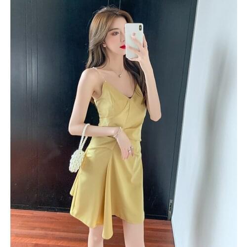 Spring and Summer Womens Clothing 2021 New Fashion Pleated Sling Dress V-neck Irregular Knee-length Small Black Dresses