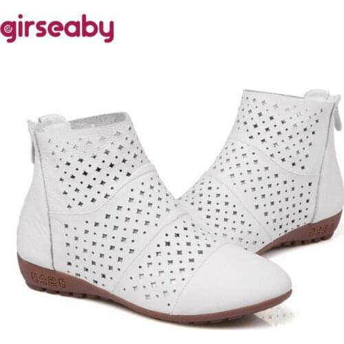 Girseaby Women Genuine Leather Shoes Ankle boots High Quality Hollow Zipper Solid Spring Summer Boots Female Women Shoes S2391