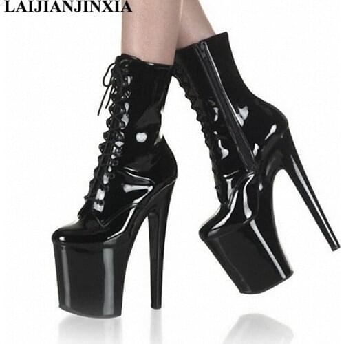 Womens Shoes 20 cm Thick Bottom Platform Boots Lace-up Leather High Heels Ankle Boots Sexy Square Heels Winter Short Boots