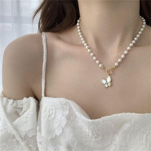MOPAI Delicate Shell Butterfly Pendant Necklaces For Women Gold Color T-bar Acrylic Pearl Necklace New Fashion Jewelry Wholesale