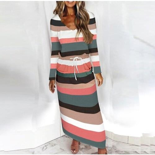 Spring For Women Dress Fashion V-neck Casual Striped Long Sleeve Lace Up Lady Winter New Elegant Office Long Dresses Robe Femme