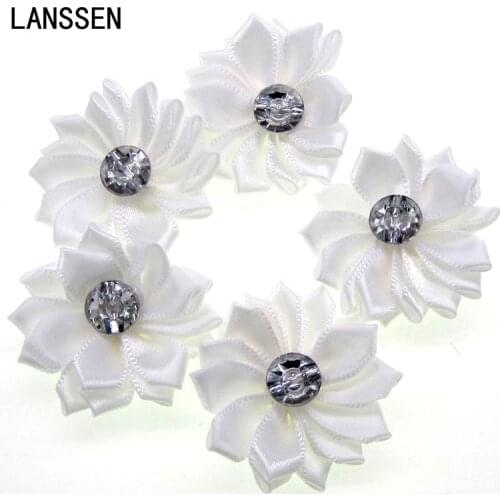 12Pcs White Satin Ribbon Flowers with Rhinestone Multilayers Fabric Flowers Appliques Accessories Sewing Wedding DIY 4.0cm