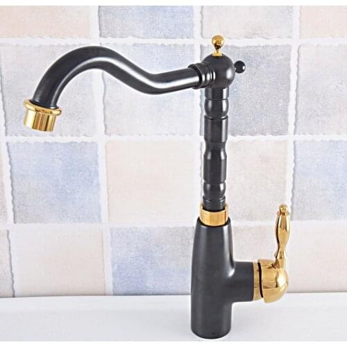 Oil Rubbed Bronze Black & Gold Brass Kitchen Faucet Hot & Cold Mixer Tap Single Hole Bathroom Faucet Kitchen Water Crane Tap