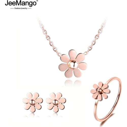 JeeMango Stainless Steel Dazzling Daisy Flower Choker Neckalce Earrings Rings Jewelry Sets Rose Gold Lovely For Women JSE003