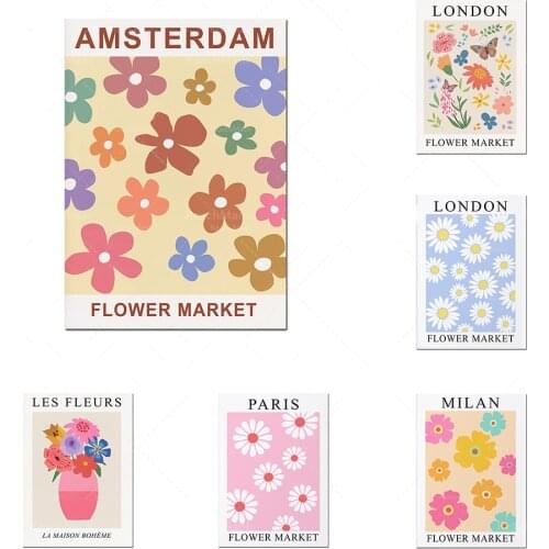 Flower market prints, Amsterdam flower market posters, French wall art, flowers in vases abstract floral retro style plant poste
