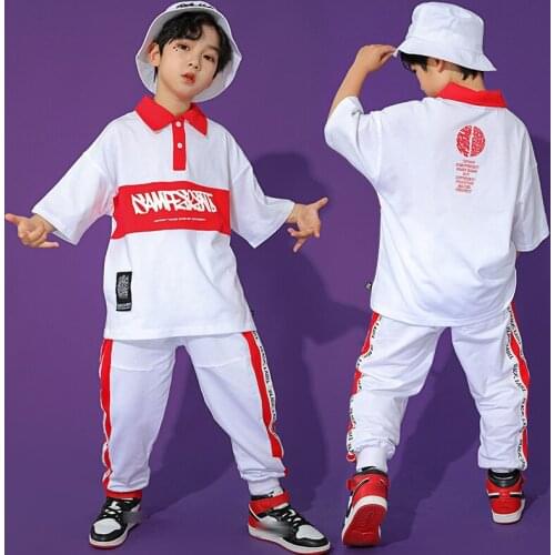 Kids Hip Hop Dance Costume White Tops Pants Short Sleeved Street Dance Sport Outfit Boys Girls Trends Clothing Stage Wear BL6148