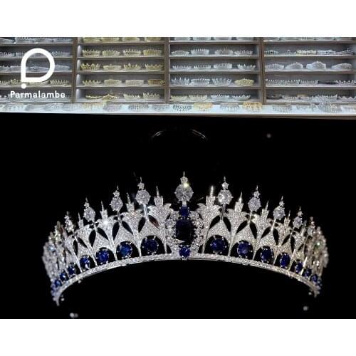 European Royal Bride Wedding Crown Cubic Zirconia Blue Queen Crown Hair Accessories Gift Headdress Bridal Tiaras