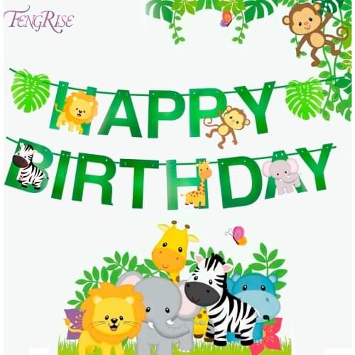FENGRISE 1 Set Happy Birthday Banner Cartoon Animal Paper Banner Jungle Party Decoration Safari Party Baby Shower Boy Kids Favor