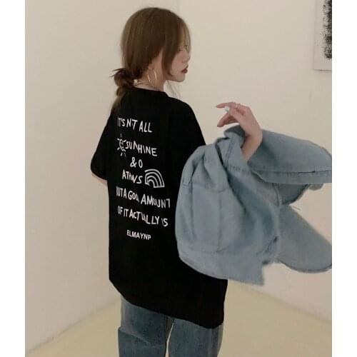 Summer ins simple style letter T-shirt female mid-length lower body disappeared half-sleeved female tide loose round neck wild