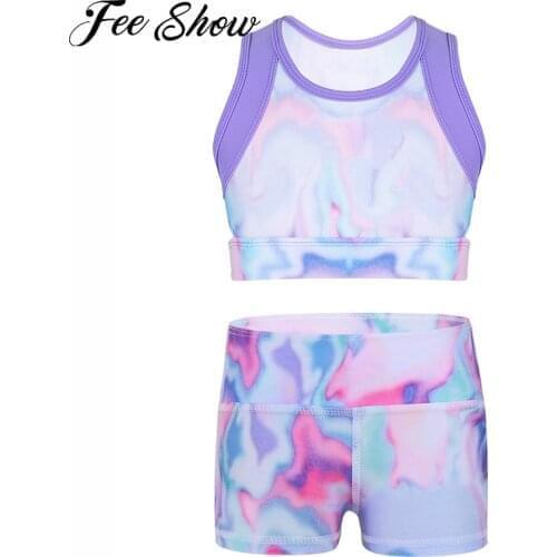 Kids Girls Stretchy Yoga Set Sleeveless Tie-Dye Tanks Crop Top with High Waist Dance Shorts Bottoms for Sports Gymnastic Workout