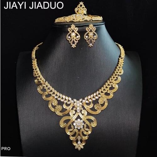 Dubai Jewelry Womens Wedding Jewelry Set Golden Necklace Earrings Bracelet Ring Set Necklace Set Gift Parure Bijoux