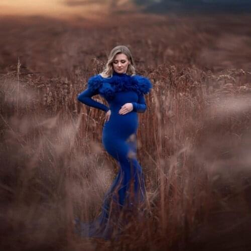 Royal Blue Stretchy Spandex Fabric Mermaid Maternity Dresses 2021 Turtleneck Floor Length Long Gown Dress Ruffles Tulle Pleated
