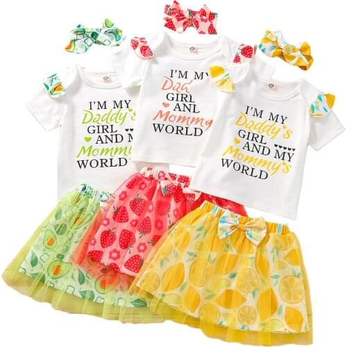 Infant Kids Baby Girl’s Summer Three Piece Set Special Letter Short Sleeve Tops and Fruit Short Gauze Skirt with Headband 18M-6Y