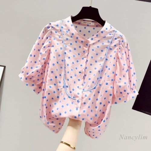 Summer Short Sleeve Shirt Womens Clothing 2021 New Trendy Polka Dot Half Sleeve Blouse Pink Blue Blusas Mujer Nancylim