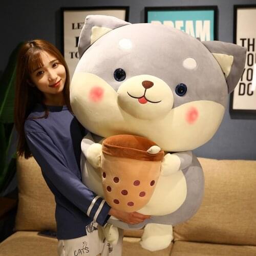 Kawaii Plush Gray/Brown Shiba Inu Holding Milk Tea Toy Soft Stuffed Cartoon Animal Dog Doll Bedroom Decor Girls Valentines Gift