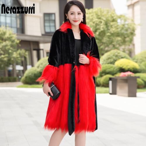 Nerazzurri Winter long warm soft oversized wrap faux fur coat women Color block patchwork fur coats for women Loose streetwear