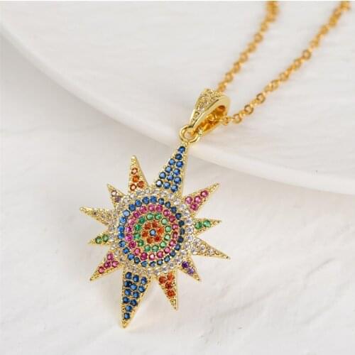 Creative Design Multicolor CZ Cubic Zirconia Copper Metal Geometric Sun Necklaces Pendants For Women Stainless Steel Necklace
