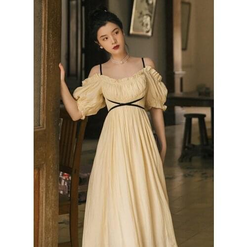 Summer Off Shoulder Fairy Dress Korean Design Vintage Slash Neck Spaghetti Straps Puff Sleeve Princess Dresses Vestido Festa