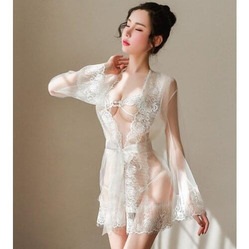 Sexy lingerie womens stitching long skirt lace see-through nightgown pajamas plus sexy three-point mesh suit