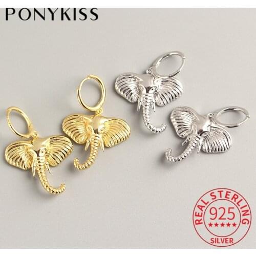 PONYKISS Real 925 Sterling Silver Hyperbole Elephant Pendant Hoop Earrings Women Fashion Earrings Accessory Trendy Chic Gift