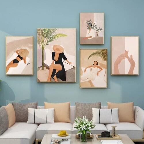 Nordic Fashion Sexy Woman Canvas Painting Black Cat Leafs Posters and Prints Wall Art Picture for Living Room Wall Decor Cuadros
