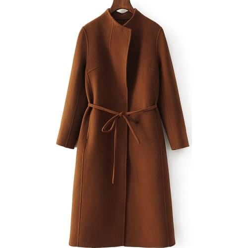 Specials double face 100%woolen women new fashion long overcoat no lining adjustable waist belt caramel 6colors S-XL