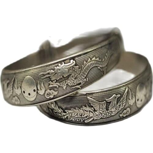 OLD HANDWORK MIAO SILVER CARVED DRAGON PHOENIX ADJUST BRACELET BANGLE 2